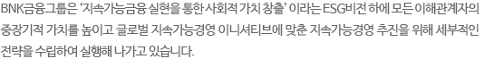 BNK금융그룹은 ‘지속가능금융 실현을 통한 사회적 가치 창출’ 이라는 ESG비전 하에 모든 이해관계자의 중장기적 가치를 높이고 글로벌 지속가능경영 이니셔티브에 맞춘 지속가능경영 추진을 위해 세부적인 전략을 수립하여 실행해 나가고 있습니다.