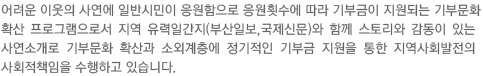 어려운 이웃의 사연에 일반시민이 응원함으로 응원횟수에 따라 기부금이 지원되는 기부문화확산 프로그램으로서 지역 유력일간지(부산일보,국제신문)와 함께 스토리와 감동이 있는 사연소개로 기부문화 확산과 소외계층에 정기적인 기부금 지원을 통한 지역사회발전의 사회적책임을 수행하고 있습니다.